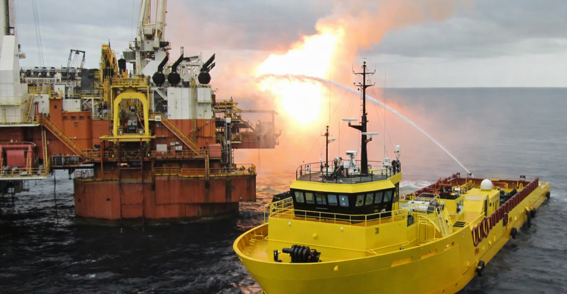 A yellow PSV putting out a fire shooting from an offshore oil rig.